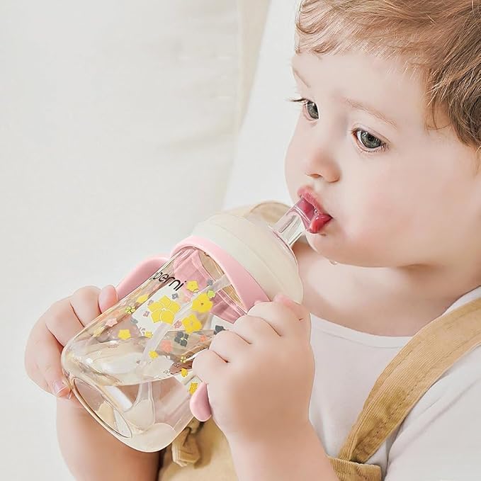 Oberni Toddler Sippy Cup 10oz, Weighted Straw Baby Drinking Water Bottle with Valved Spout for 6+ Months, 300ml/Green/1Pack