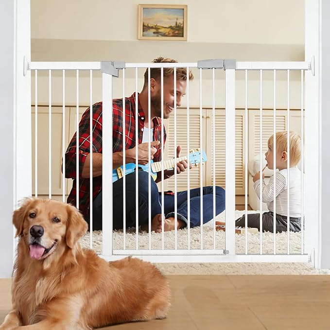 54.7"-60.2" Extra Wide Baby Gate for Doorways Hallways, 30 in Tall Dog Gates with Door No Drill, Auto Close Child Safety Gate for Pet Kid Doggie Cat Proof, Large Long Dog Barrier Indoor House, White
