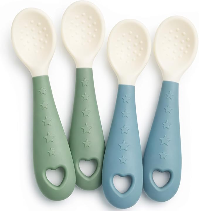 4-Pack Silicone Baby Spoons, Seposeve Soft Gum-Friendly First Feeding Spoons for Babies, Baby Feeding Utensils Essentials, Easy-Grip Handle, BPA Free, Dishwasher Safe, 2 Green 2 Blue