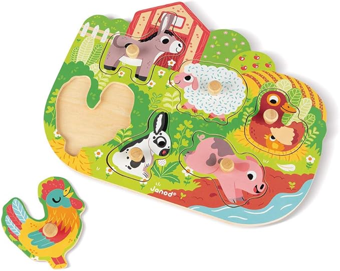 Janod 6 Piece Colorful Happy Farm Wooden Knob Puzzle - Ages 18 Months+ - J07096