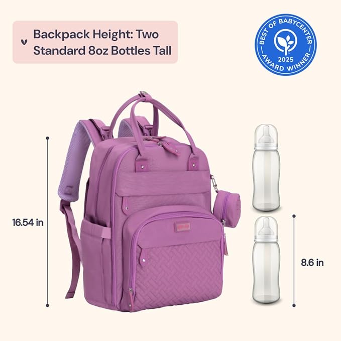 BabbleRoo Diaper Bag Backpack - Baby Essentials Travel Tote - Multi Function Water Resistant Diaper Bag, Travel Essentials Baby Bag with Changing Pad, Stroller Straps & Pacifier Case - Unisex, Purple
