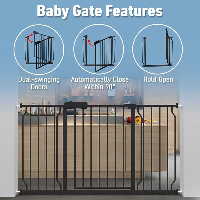 ALLAIBB Extra Wide Pressure Mount Baby Gate Auto Close Black Metal Child Dog Pet Safety Gates with Walk Through for Stairs,Doorways,Kitchen and Living Room (71.65-85.03"/182-218cm)