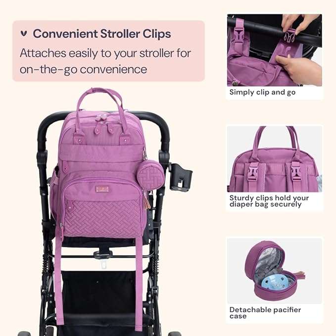 BabbleRoo Diaper Bag Backpack - Baby Essentials Travel Tote - Multi Function Water Resistant Diaper Bag, Travel Essentials Baby Bag with Changing Pad, Stroller Straps & Pacifier Case - Unisex, Purple