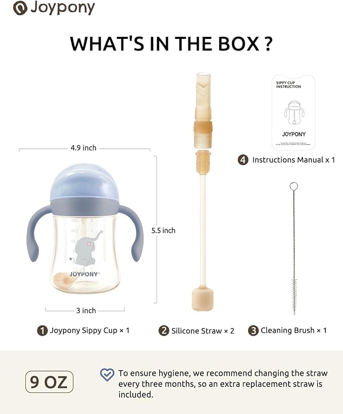 Joypony Sippy Cups for Toddlers 1-3, Spill Proof Weighted Straw Cup with Handle for Baby 6 Months + old, 2 Silicone Straws, PPSU, BPA Free, 9 oz (Blue)