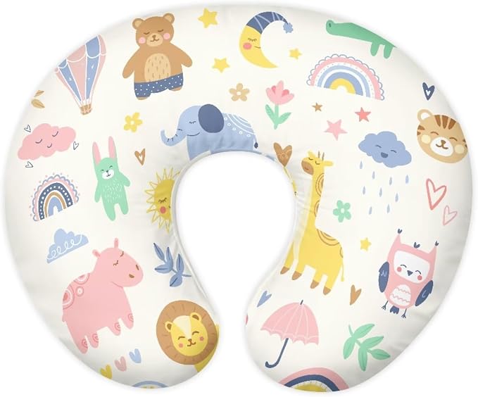 Cute Nursing Pillow Cover Stretchy and Soft Nursing Cover for Breastfeeding Pillows,Cartoon Animals Printed Pillow Slipcover for Baby Girls Boys Newborn White (Cover Only)