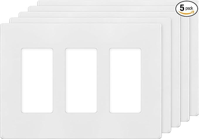 TG Screwless Decorator Wall Plates Child Safe Outlet Covers, Size 3-Gang 4.68" H x 6.53" L, Unbreakable Polycarbonate Thermoplastic, UL Listed, Glossy, White (5 Pack)