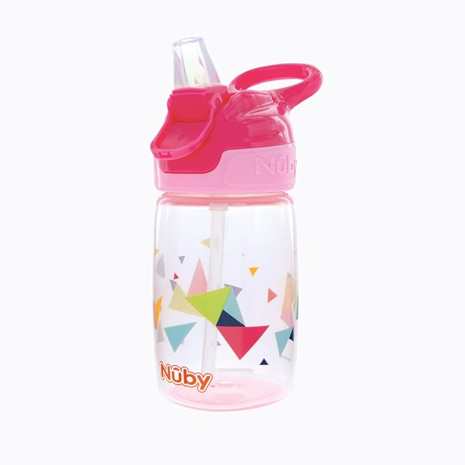 Nuby Kid’s Flip-it Reflex Push Button On-The-Go Printed Water Bottle with Soft Spout - 12oz / 360ml, 18+ Months, 1pk - Pyramids
