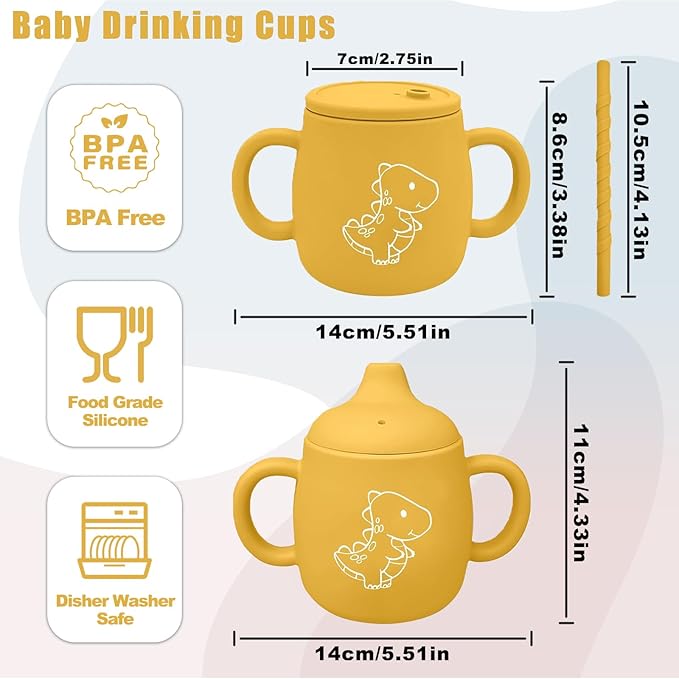 Silicone Straw Cup with Handles,Dinosaur Silicone Baby Sippy Cups,Snack Cups for Toddlers,Dual-Purpose Toddler Training Cups,3 Stages Training Cup Dishwasher Safe and BPA Free 9 oz (Yellow)