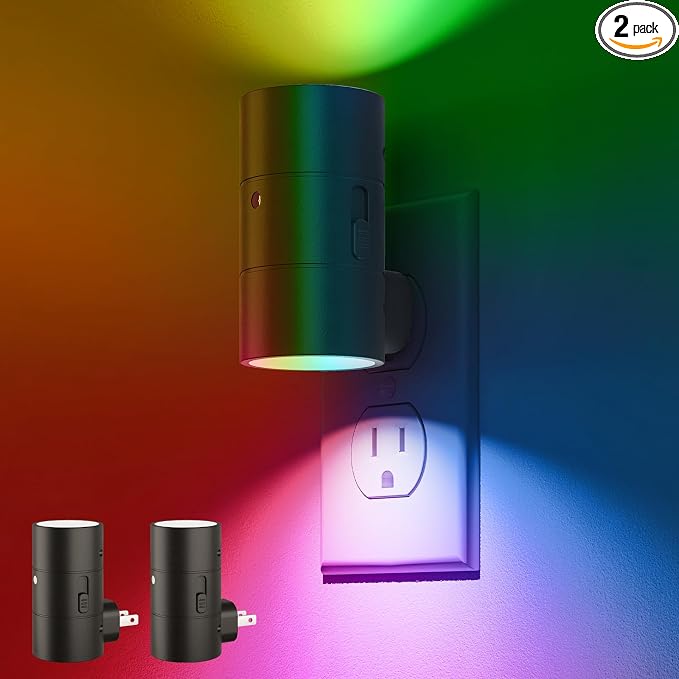 VOLISUN Led Night Light Plug into Wall, 6 RGB Night Lights with Light Sensor, Color Changing Mode, Dimmable Night Light for Christmas, Halloween, Holiday Decor, Hallway, Bedroom Black 2 Pack