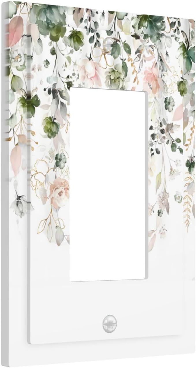 Green Pink Floral Flower Rustic Eucalyptus Leaves Wildflower Decorative Outlet Covers 1 Gang Single Rocker Light Switch Cover Plate Wall Plates GFCI Faceplate for Bedroom Living Room Decor