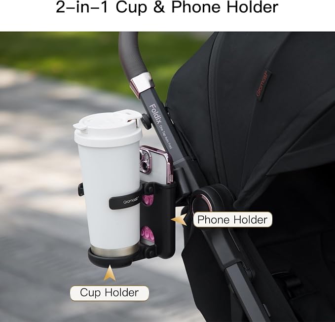 Gromast 2 in 1 Foldable Stroller Cup Holder + Phone Holder, 360°Rotatable with Adjustable Clip, Universal Cup Holder for Baby Stroller, Tricycle - Black