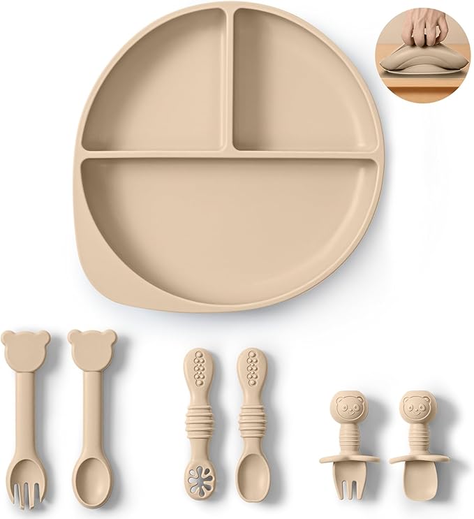 7-Piece Silicone Baby Feeding Set - Divided Suction Plate with 3 Sets of Spoons and Forks, BPA-Free Toddler Plates for Baby-Led Weaning & Self Feeding, Dishwasher & Microwave Safe