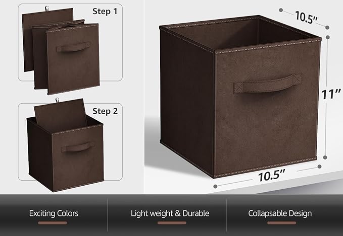 Sorbus Foldable Storage Cubes - 6 Fabric Baskets for Organizing Pantry, Closet, Shelf, Nursery, Playroom, Toy Box, Cubby -11 Inch Dual Handle Collapsible Closet Organizers and Storage Bins (Chocolate)