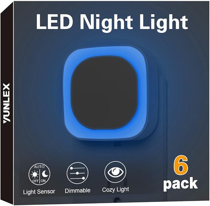 YUNLEX 6 Pack Azure Night Light, Crisp Modern Glow with Dimmable Soft Light & Indirect Reflection, Auto Dusk to Dawn Sensor, Plug in LED Nightlight for Bathroom,Toilet, Kitchen Counter, Modern Decor