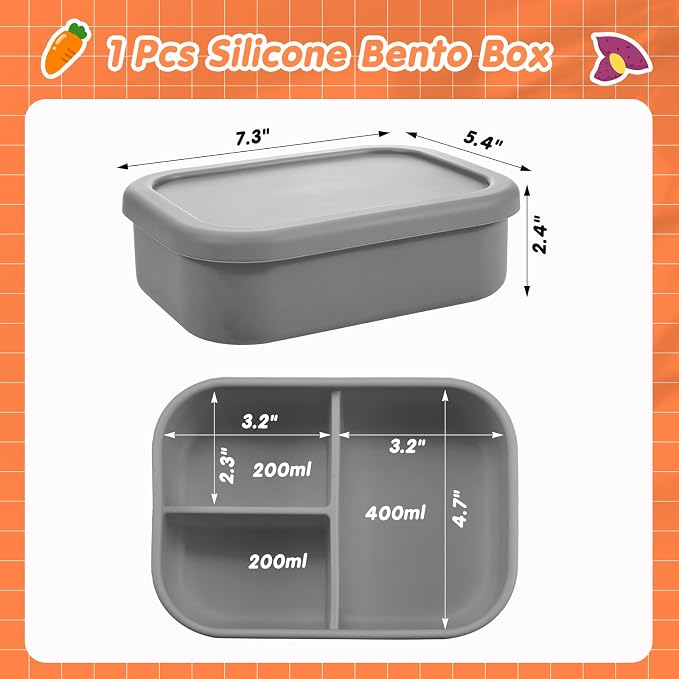 Layhit 1 Pcs Silicone Bento Box for Adults, 27 oz Bento Lunch Container Reusable Food Container for Women Men, Leak Proof Microwave Dishwasher Freezer Safe (3 Compartments,Dark Gray)