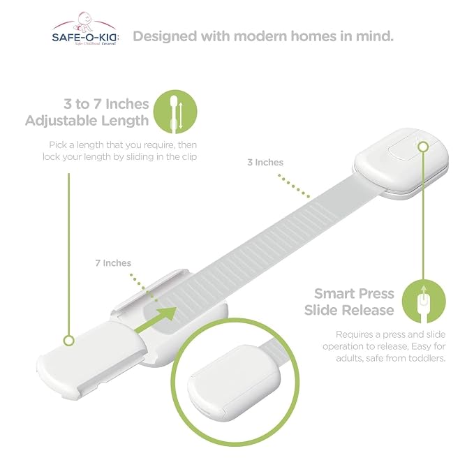 Safe-O-Kid Superior Quality Baby Proofing Locks (8 Pack) with Extra 4 Cleaning Pads & 4 Extra 3 M Adhesive – Extra Safe & Strong, NO Drill, Easy Install, Damage Free, Strong Adhesive, Heavy Duty