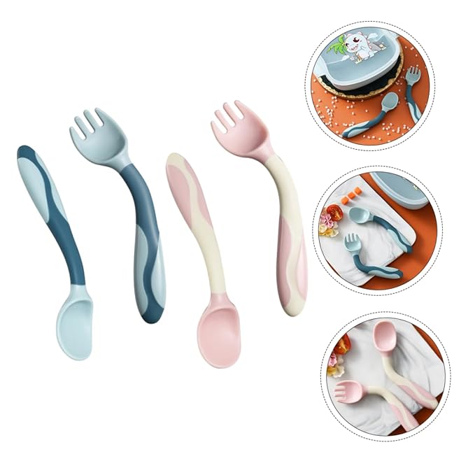 Wakauto 2 Sets Silicone Spoons and Forks Flexible Bendable Feeding Utensils Training Cutlery for Dining Soft Tips in