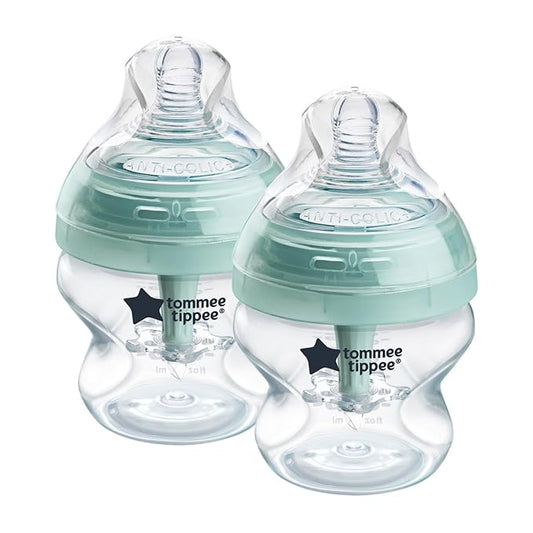 Tommee Tippee Advanced Anti-Colic 5 oz BPA Free Baby Bottles, Newborn 0+ Months, Slow Flow Breast-Like Nipple, Unique Design Keeps Air Away from Milk and Baby, Clear, Pack of 2