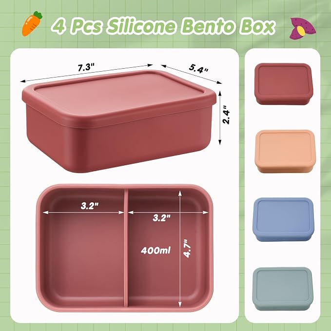 Layhit 4 Pcs Silicone Bento Box for Adults, 27 oz Bento Lunch Container Reusable Food Container for Women Men, Leak Proof Microwave Dishwasher Freezer Safe (2 Compartments,Dark Colors)