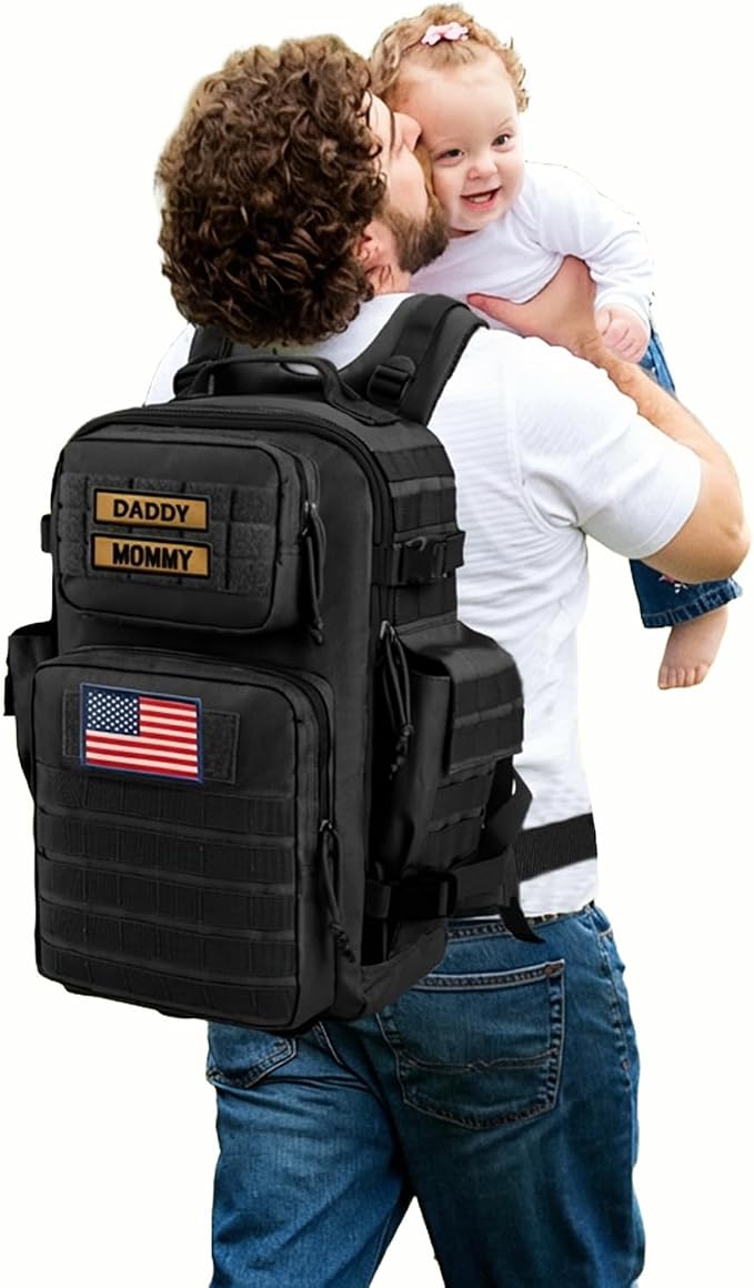 SHARKMOUTH Dad Diaper Bag for Men - Military Baby Backpack with Patches for Hiking Travel Camping Trips - Baby Shower Gifts Black