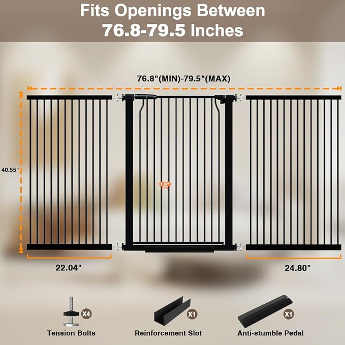 40.55" Extra Tall and Wide Baby Gate, 76.8-79.5 in Gates for Dogs Indoor with Door, Walk Through Long Pet Gate for Large Openings, Pressure Mounted Child Safety Gate for House Kid, Black