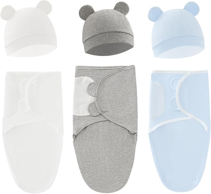 Baby Swaddle Sleep Sack with Hat Set for 0-3 months 3-Pack Soft Cotton Newborn Wearable Swaddle Wrap for Girls Boys