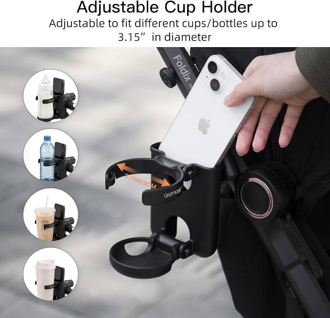 Gromast 2 in 1 Foldable Stroller Cup Holder + Phone Holder, 360°Rotatable with Adjustable Clip, Universal Cup Holder for Baby Stroller, Tricycle - Black