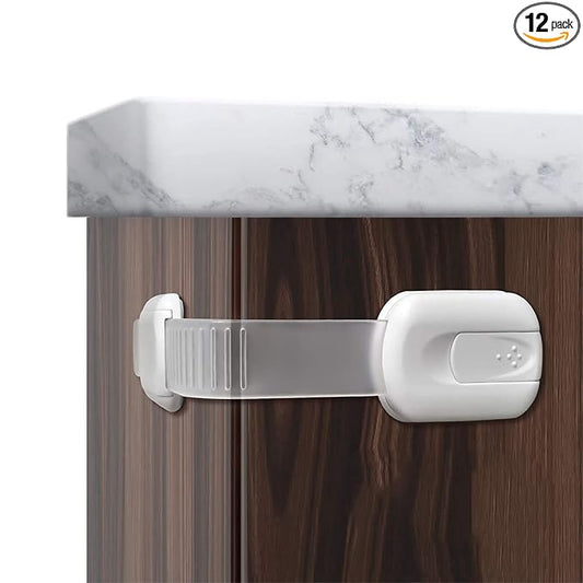 Child Safety Cabinet Strap Locks - OKEFAN 12 Pack Baby Proofing Adhesive Latches for Kids Drawer Cupboard Dishwasher Fridge Oven Door No Drill (White)