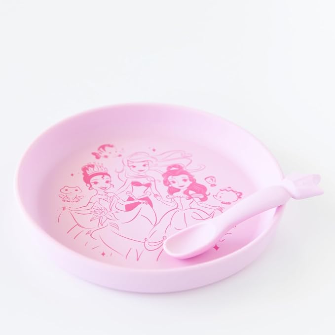 Bumkins Disney Baby and Toddler Plate and Spoon Set, Silicone Dish for Babies and Kids, Baby Led Weaning, Children Feeding Supplies, Microwave Safe, Platinum Silicone, Ages 6 Months Up, Princess