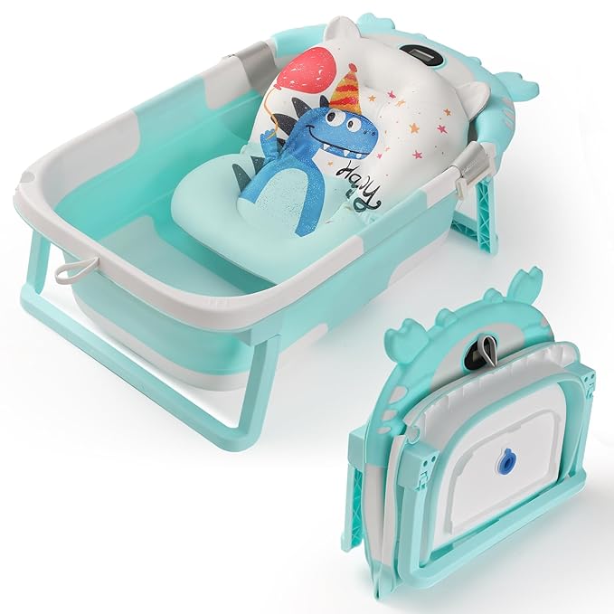 Baby Bathtub,Collapsible Baby Bath Tub with Thermometer & Soft Floating Cushion,Portable Travel Baby Bathtubs for Newborns to Toddlers 0-36 Months(Crab Green)