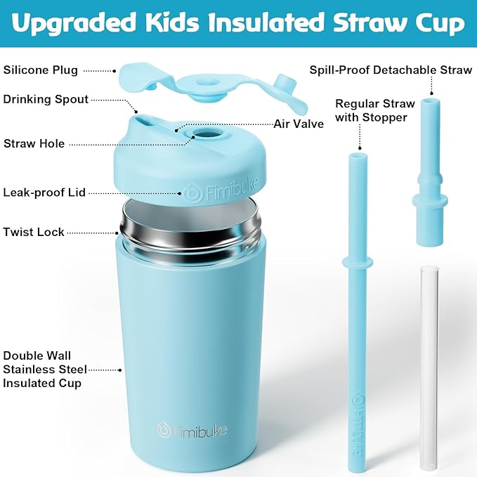 Fimibuke Kids & Toddler Cups, 10 OZ Spill Proof Straw Cups for Toddlers, Leak-Proof Kids Insulated Tumblers with Screw-On Lid & Silicone Straws with Stopper, Stainless Steel Sippy Cup for Girls Boys