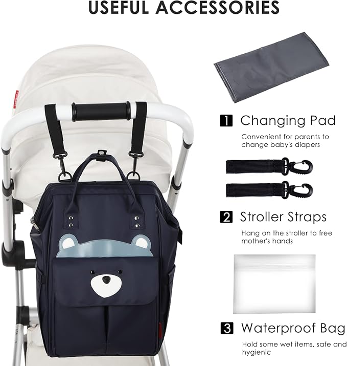 SONARIN Stylish Large Capacity Diaper Bag Backpack,Travel Nappy Changing Bag Mommy Bag with Changing Mat & Stroller Straps(Dark Blue)