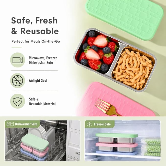 4 Pack Stainless Steel Snack Containers, Leak-Proof 2 Compartment Lunch Boxes with Silicone Lids, Reusable Metal Snack Box for Meal Prep, Travel, Outdoor & Daily Use (1 & 2 Compartments – A)