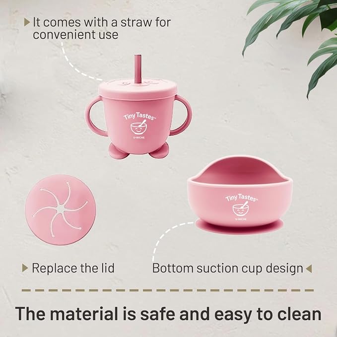 10-Piece Silicone Baby Feeding Set – BPA-Free, Spill-Proof Suction Plate, Bowl, Bib, Snack Cup & Utensils | Dishwasher Safe, Baby Gift Ready (Light Pink)