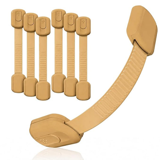 3M Adhesive Child Safety Strap Locks by Baby Proof Me, Baby Latches for Cabinets, Dishwashers, Fridges, Ovens and Trash Cans, Stain Free Toilet Lock (Oak, 6 Safety Latches)