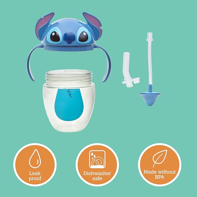 The First Years Disney Lilo & Stitch Weighted Straw Cup - Spill Proof Toddler Straw Cups with Flip Top Cover - Transition Sippy Cup - Toddler Feeding Supplies - 7 Oz - Ages 6 Months and Up