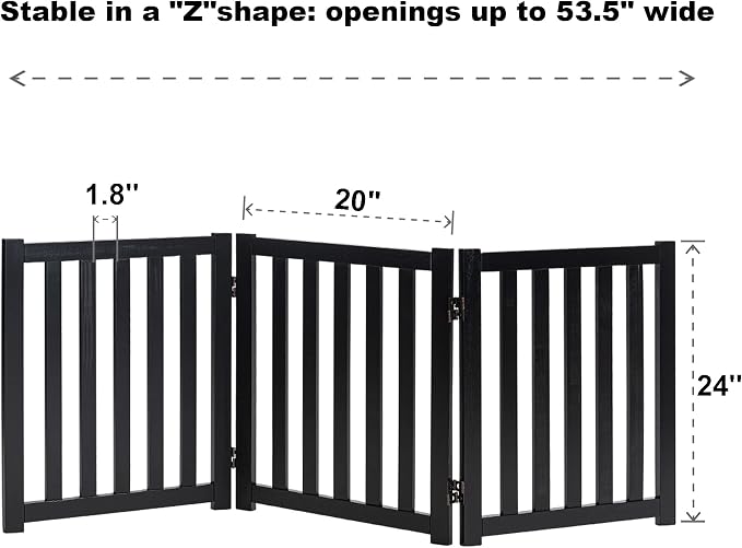 LZRS 3-Panel Wooden Free Standing Foldable Dog Gate Indoor – 24" High,Step-Over Safety Pet Gate for Doorways, Stairs, Hallways, Indoor Dog Barrier for Small to Medium Dogs & Puppies, Black