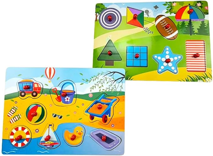 Peg Puzzle Set of 4 (32 pcs), Wooden Knob Puzzles for Toddlers, Vegetables, Fruits, Geometry Shapes and Beach Toys, Preschool Educational Cognitive Gifts.
