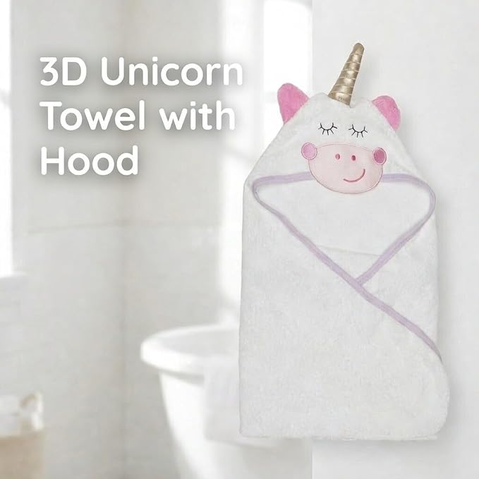 EVERYDAY KIDS Hooded Baby Toddler Bath Towel for Girls - 3D White Unicorn Towel with Horn; Soft and Absorbent Terry Cloth Hooded Towel for Young Kids; Baby Girl Bath Essential