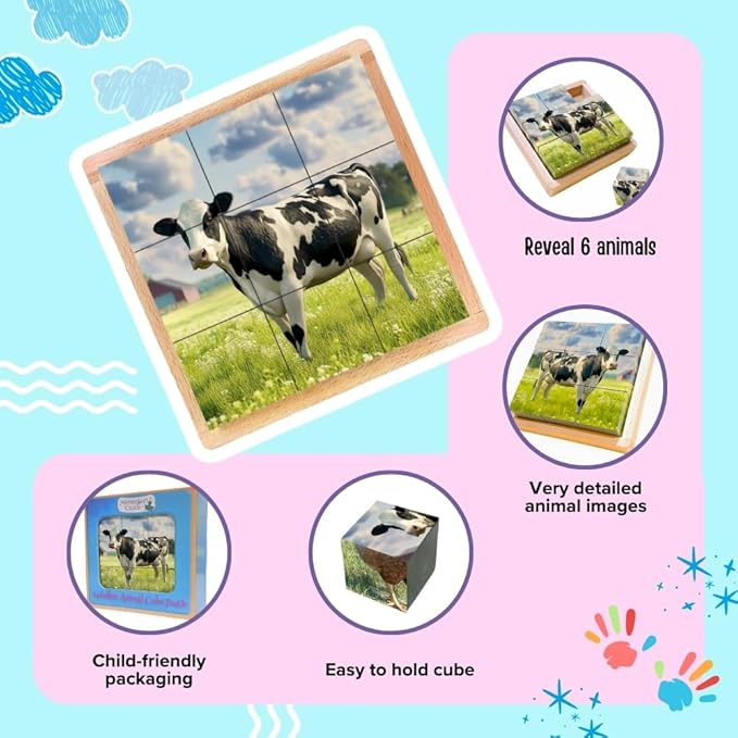 6-in-1 Wooden Animal Puzzle – Montessori Cube Toy for Kids – Realistic Farm Animals Educational Wood Blocks for Toddlers Ages 3–6
