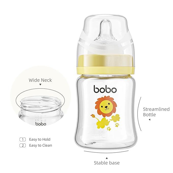 YOHKOH Glass Baby Bottles with Slow Flow Nipple, Newborn Anti-Colic Baby Bottles for 0+ Months, Wide Neck Feeding Bottle, Clear (Yellow, 5oz (Pack of 2))