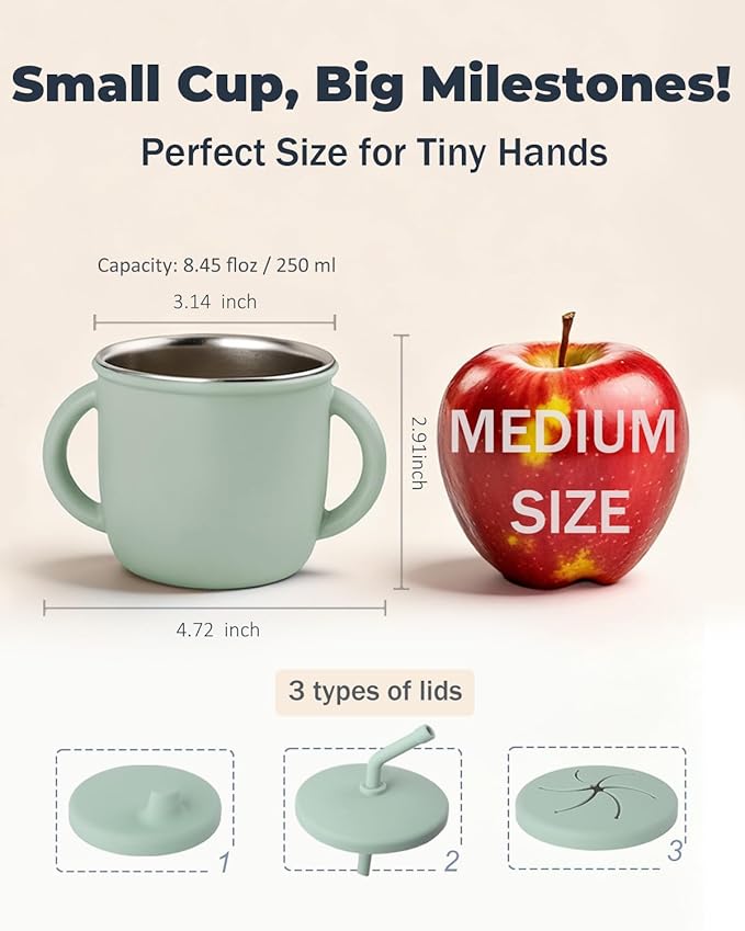 Bakpoco 4-in-1 Stainless Steel Silicone Sippy Cup, 8.5oz Toddler Open Cup with Straw, Sippy & Snack Lids, For Baby Led Weaning, Toddlers 1-3 Years Trainning Kids Drinking, Dishwasher Safe, Sage