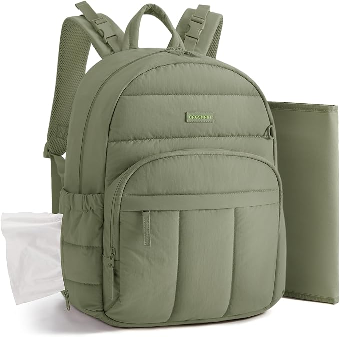 BAGSMART Diaper Bag Backpack, Multi-Pocket Puffy Diaper Bag with Waterproof Changing Pad, Lightweight Stroller-Friendly Diaper Bag with Insulated Pockets, Easy-Access Baby Essential, Green