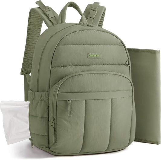 BAGSMART Diaper Bag Backpack, Multi-Pocket Puffy Diaper Bag with Waterproof Changing Pad, Lightweight Stroller-Friendly Diaper Bag with Insulated Pockets, Easy-Access Baby Essential, Green