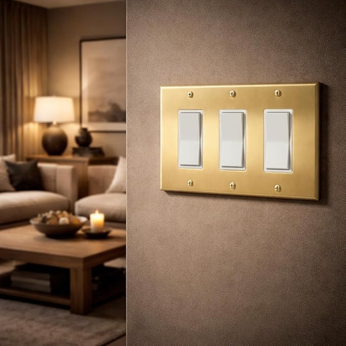 Rio Salto BRASS Signature Collection Brushed Brass Gold Metal Outlet Cover, Decorative Light Switch Cover Plate Wall Plate, Premium, Triple Rocker 3-Gang, 6.33" X 4.50" Standard Size
