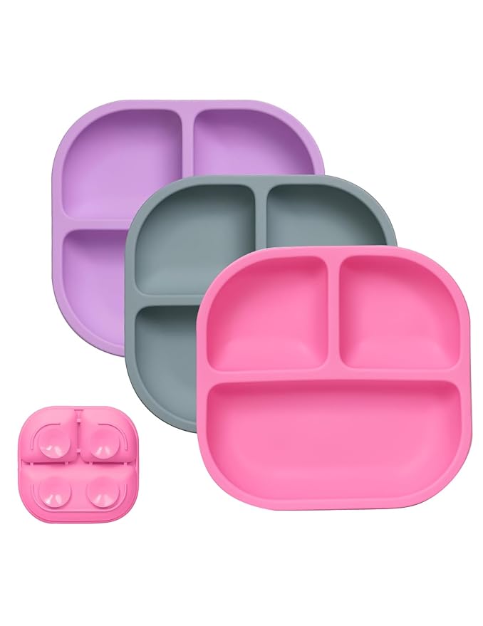 Babelio Powerful Suction Plates for Baby and Toddler, 100% Food Grand Silicone, Divided, BPA Free, Microwave & Dishwasher Safe, Stay Put, 3 Pack