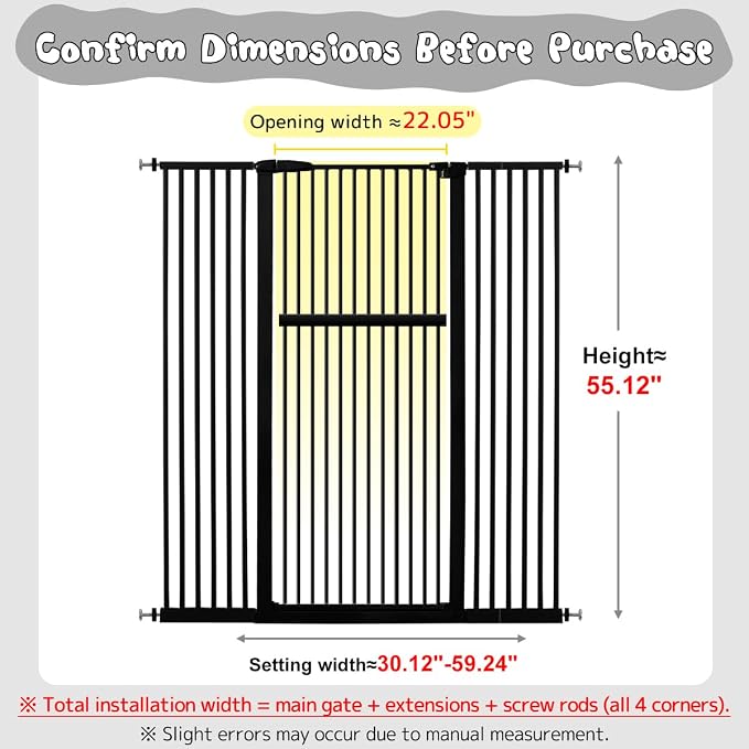 Lumizone Extra Tall Pet Gate 55.12" High Pressure Mounted 38.39"-59.24" Extra Wide (9 Sizes) 1.37" Gap for Cat Dog Stairs Doorway Hallway No Drilling Auto-Close (30.12"-59.24" W, Black)
