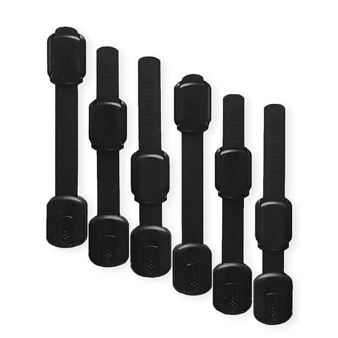 Adjustable & Reusable Child Safety Cabinet Locks & Latches, Baby Proofing Door Window, Cabinet, Toilet, & Refrigerator Lock, Child Safety Strap Locks with Adhesive Pads, Pack of 6, Black - Wonderkid