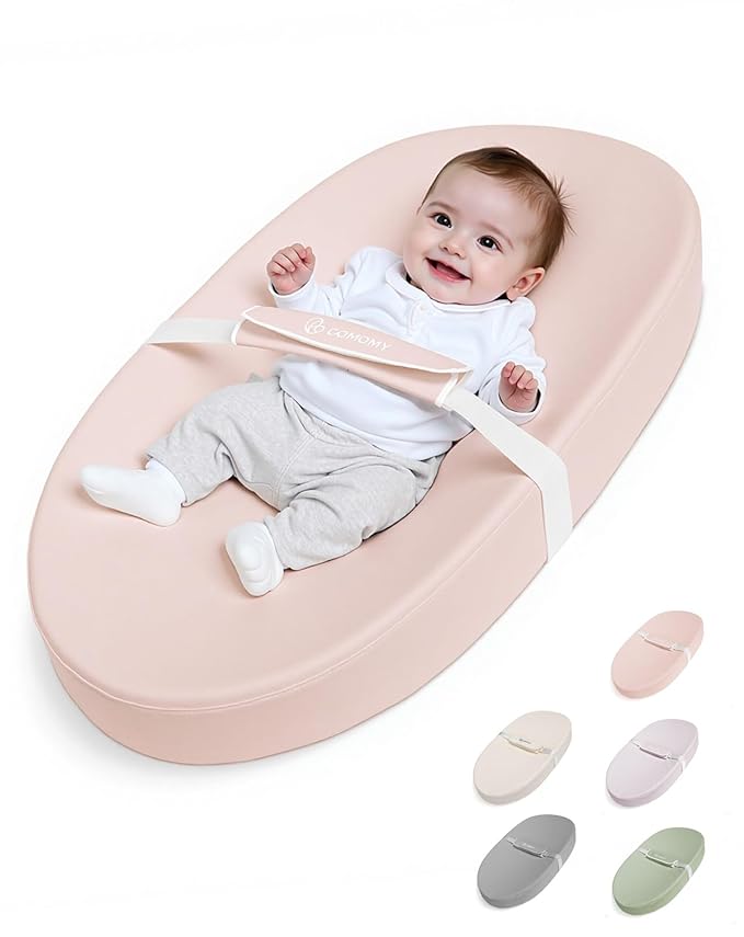 COMOMY Baby Changing Pad with Wipeable & Waterproof PU Cover, Contoured Diaper Changing Pad for Dresser with Non-Slip Safety Belt, Portable and Lightweight, Large Cushioned Foam, Pink