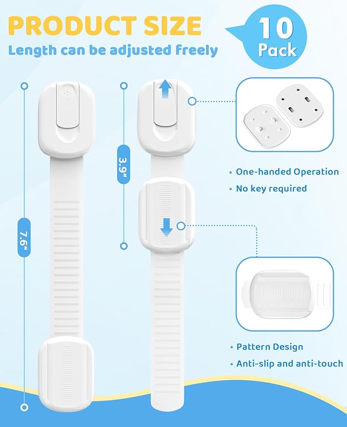 10 Pack Cabinet Locks Baby Proofing, Child Proof Cabinet Locks with 3M Adhesive - Easy Installation with Adjustable Straps, Multi-Purpose Child Safety Latches for Drawers Fridge Trash Cans Toilets